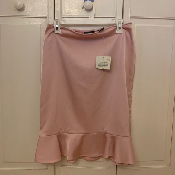 Pink satin-like midi skirt with ruffle - Picture 1 of 3